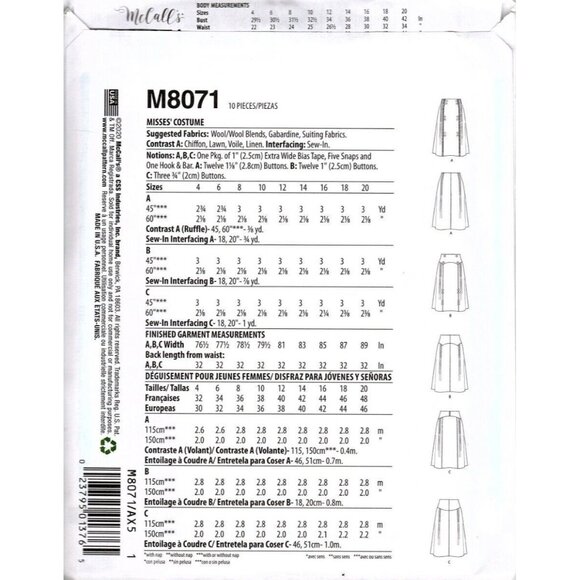 McCalls Costumes M8071 Misses 4 to 12 Historical Skirt Sewing Pattern New - Picture 2 of 2